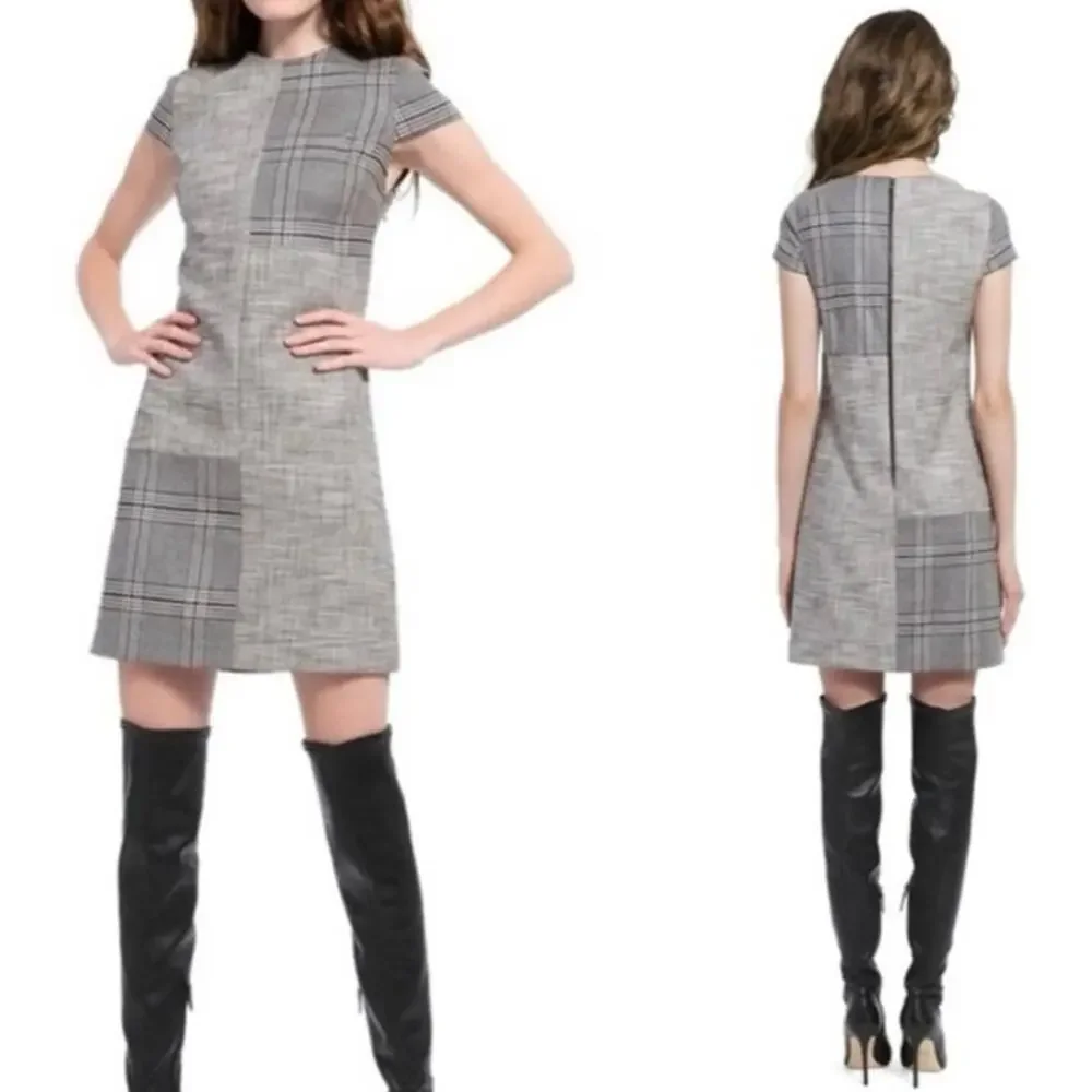 Alice + Olivia Coley Plaid Patchwork Mini Shift Dress Grey Wool Blend Size 12